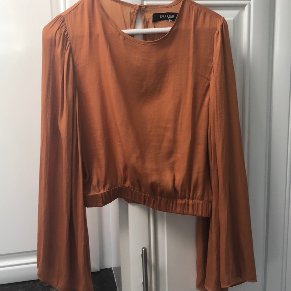 Mustard silky bell sleeve cropped blouse